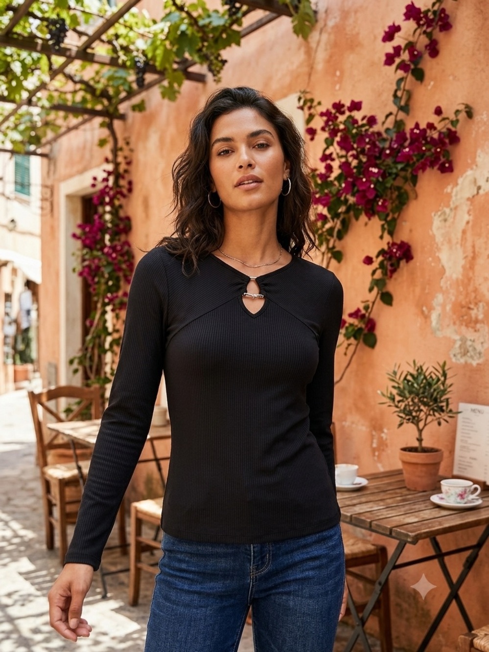 Take 50% OFF- Harlow Black Long Sleeve Ribbed Top with Front Notch, Size-L